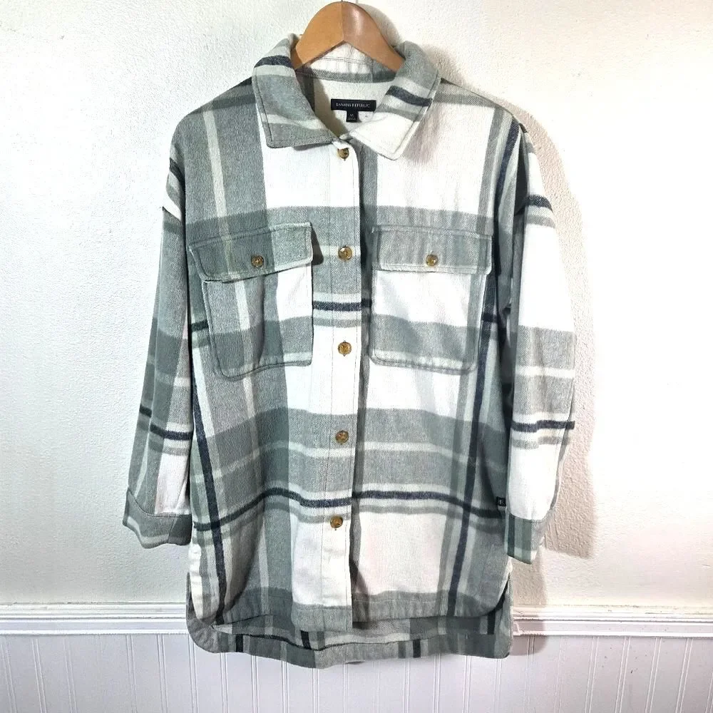 Banana Republic Green Plaid Fleece Shacket Button Up Mens Medium